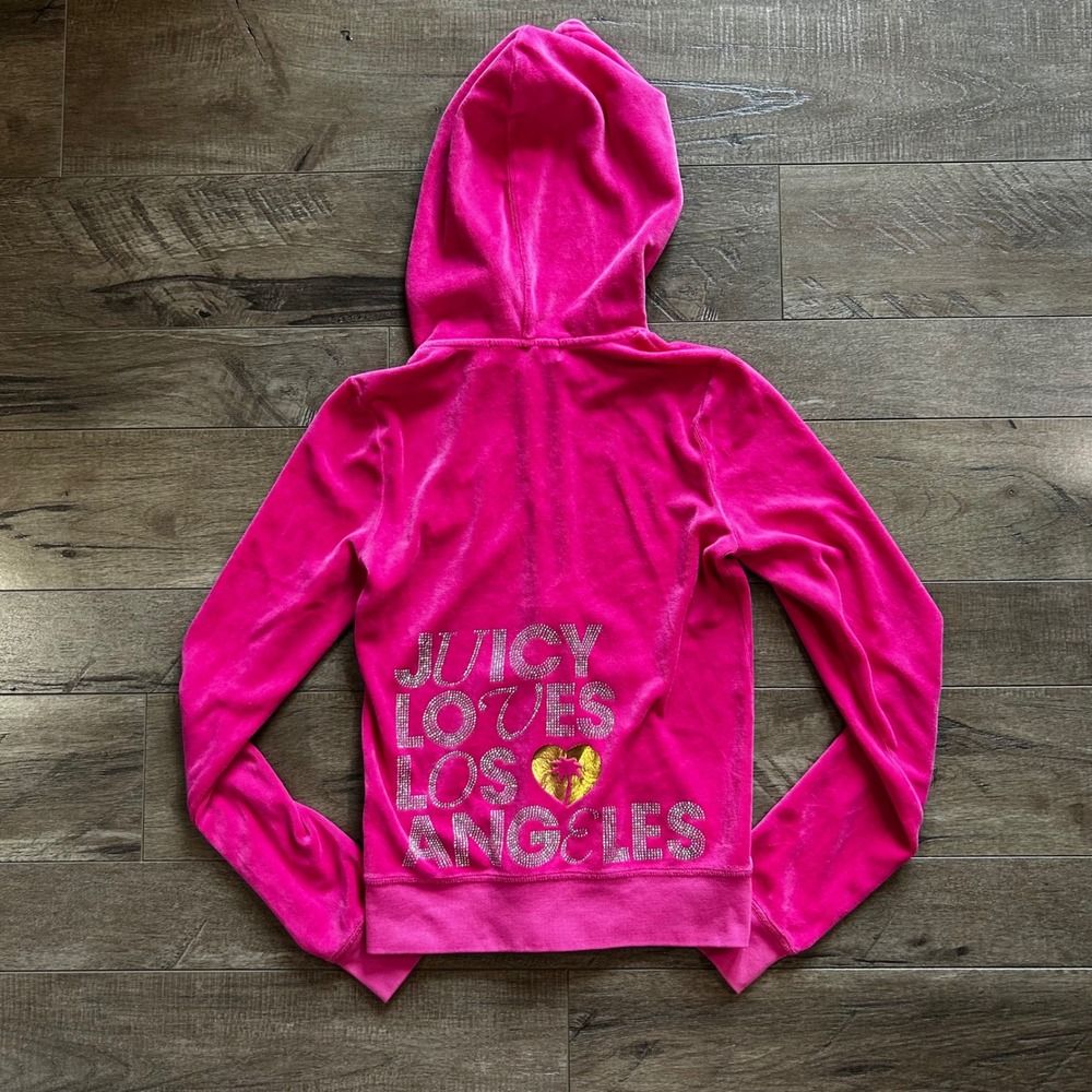 Y2K Juicy Couture Hot Pink Velour Jacket Juicy Loves Los Angeles Rhinestone Sz P